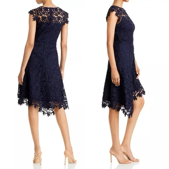 Eliza J Asymmetric Lace Dress Navy Blue Size 12 Cap Sleeve Cocktail  Occasion EUC Dresses